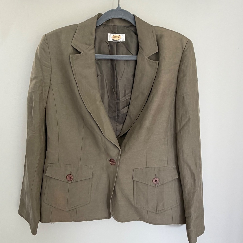 Vintage Talbots Linen Blend Taupe Brown Blazer Jacket Chore Pockets 1 Button 6 - Picture 1 of 11